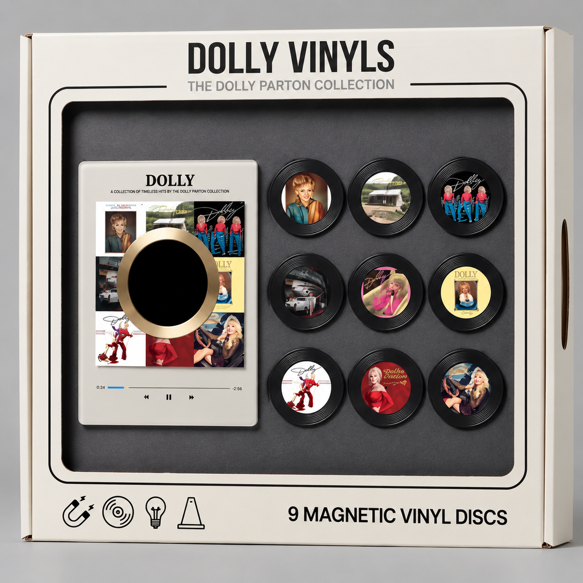 DollyVinyls Record Player + 9 Collectible Dolly Parton Discs